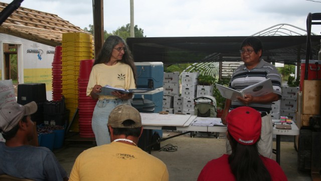 As part of preparing for the Food Justice Certification, farmworkers at The Family Garden farm receive training from the Farmworker Association of Florida on their rights under the law and under the Food Justice Certification.